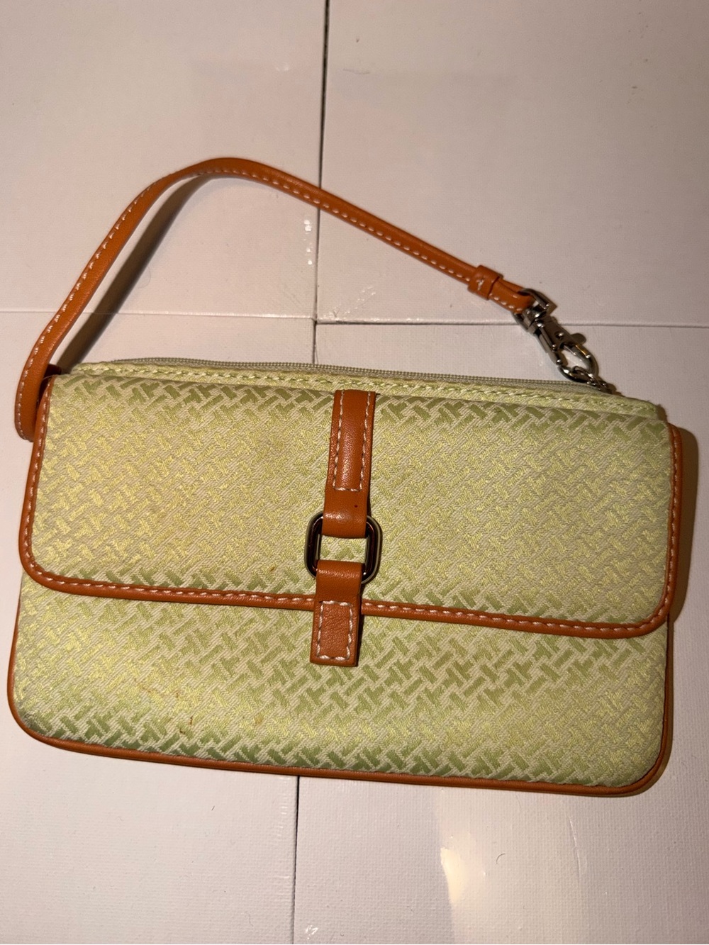 Compact Green Wristlet Talbots Clutch with Brown Trim